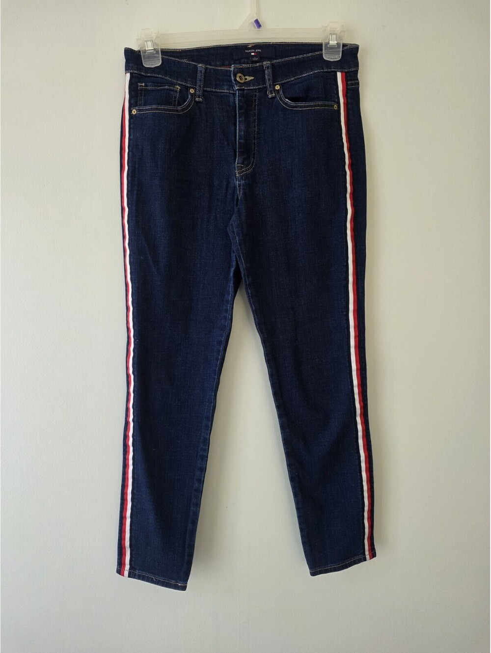 Tommy Hilfiger Skinny Jeans Navy Red White Side Stripe Size Med 32L
